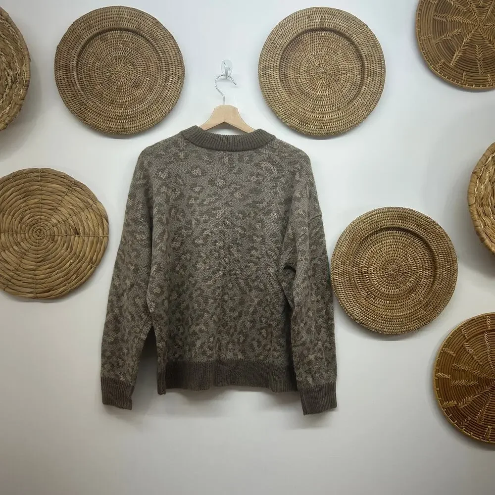 Aerie Brown Animal Leopard Print Oversized Crew Neck Knit Sweater Small Cozy - Picture 2 of 6